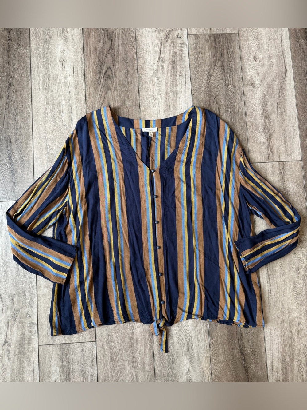 Como Blu- Striped Navy and Brown Button-Front Tie-HemTop- Perfect for Fall!